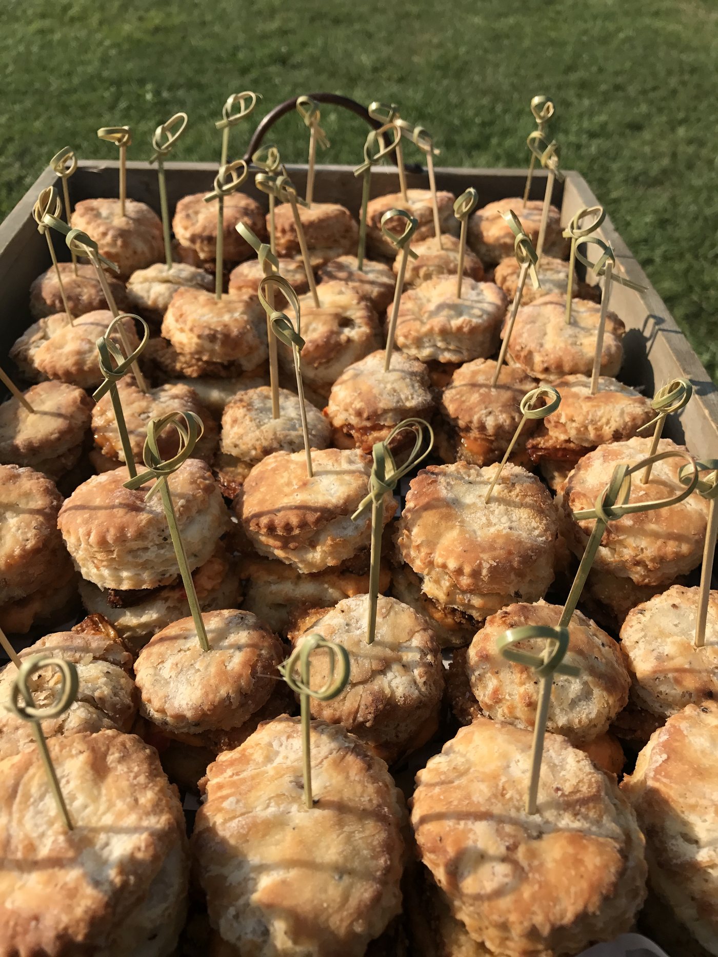 Homemade biscuit sliders at golden hour