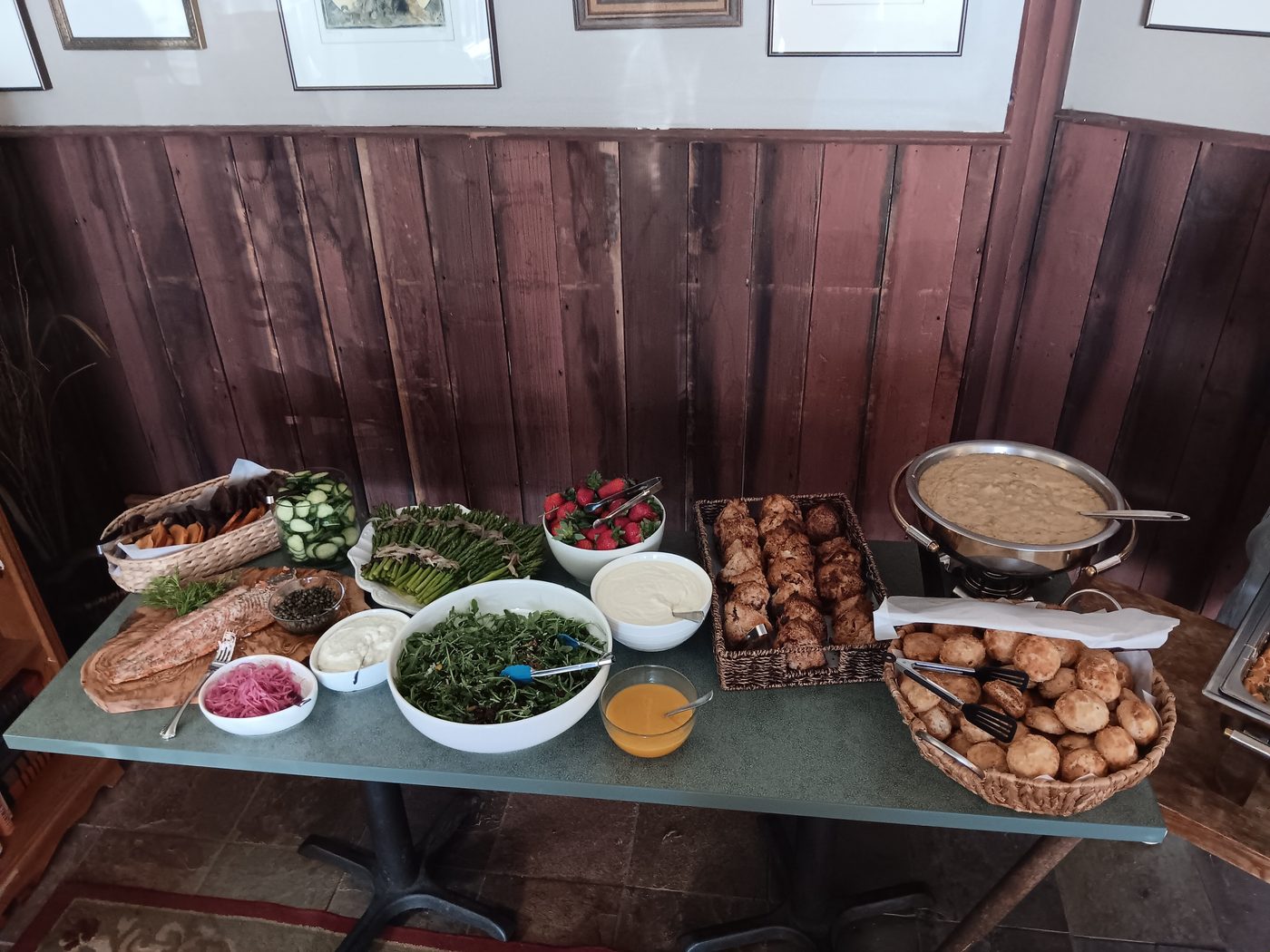 Anne's brunch spread — salads, baked goods, and fresh sides